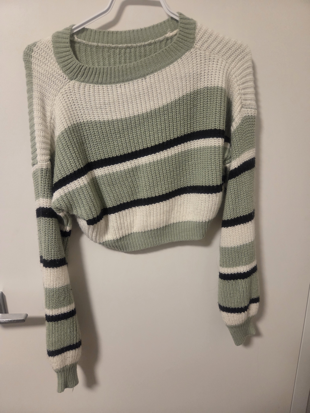 SHEIN Sage Green, White & Black Striped Cropped Sweater